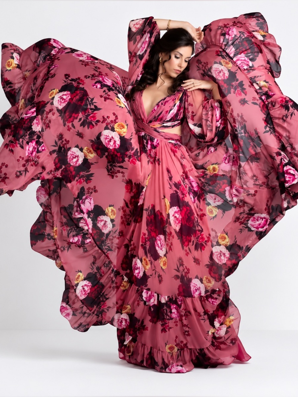 Mac Duggal Floral Long Sleeve Chiffon Dress Gown size 2